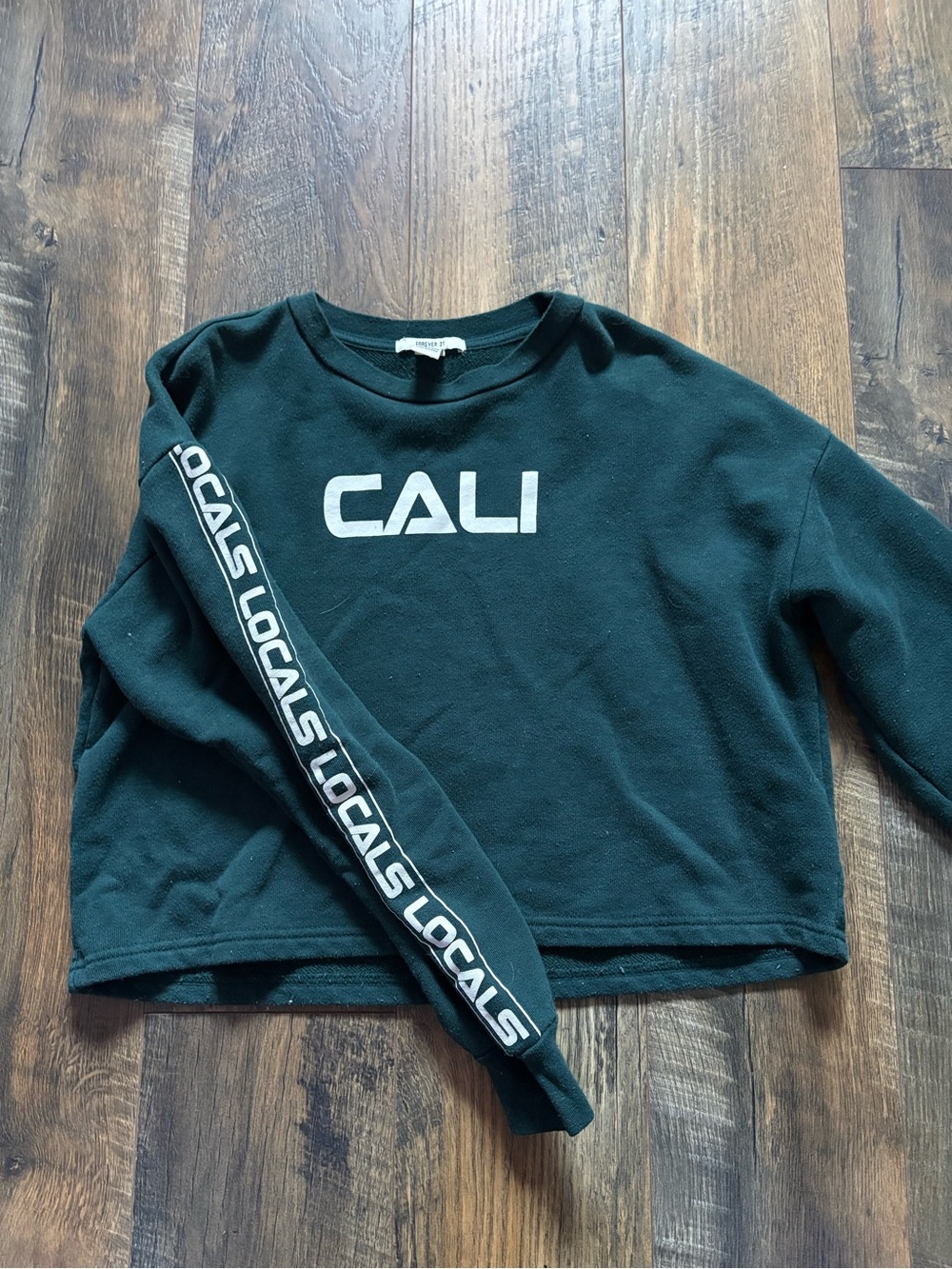 Forever 21 Black Cropped Sweatshirt with White 'CALI' and Sleeve Stripe